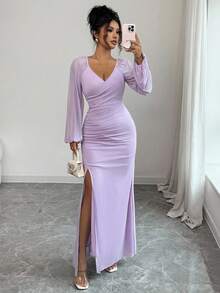 Selianne 女式纯色甜心领灯笼袖褶饰开衩下摆修身优雅连衣裙 - 紫色 - 查看 3