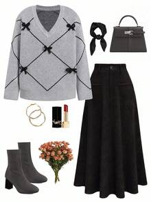 Editum Women's V-Neck Long Sleeve Loose Gray/Black Bow Elegant Everyday Pullover Sweater, Autumn/Winter,Fall Spring Summer Elegant - Grey - View 3