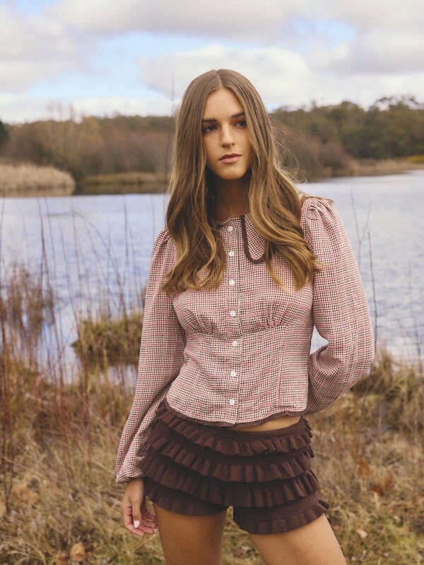 Aralina Camisa casual de mujer de cuello redondo con mangas abullonadas y abotonadura sencilla a cuadros