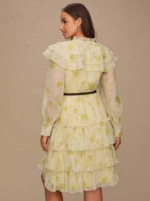 Enchnt Romantic And Elegant Cream-Yellow Floral Print Mini Dress With Long Sleeves, A Ruffled Hem, And An Asymmetrical Hem Is Perfect For Autumn And Winter. Sweet And Elegant, It's Suitable For Vacations, Dates, Holidays, Parties, Wedding Guests, The Beach, Dances, And Can Also Be Worn As A Sundress, Autumn Dress, Or Fall Clothing.