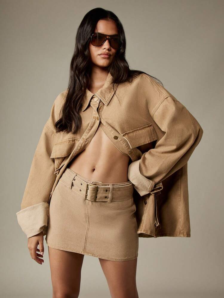 MISSGUIDED High Rise Mini Denim Skirt With Wide Belt Vintage Inspired Y2K Fashion Classic Retro Style Autumn Winter Streetwear Mini Skirt With Utility Pockets