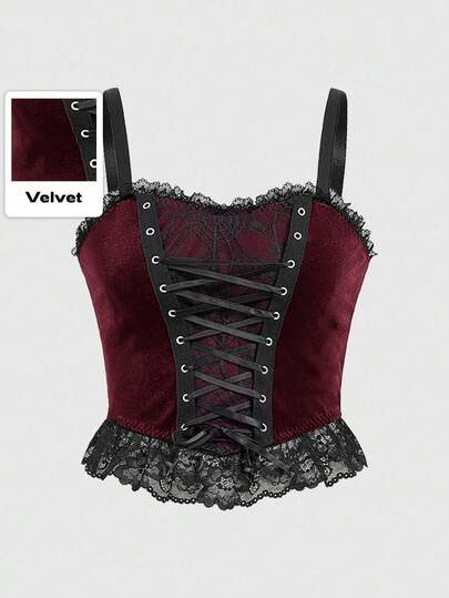 Goth Gotischer sexy Spinnennetz-Mesh- & Samt-Patchwork Crop Top, Halloween