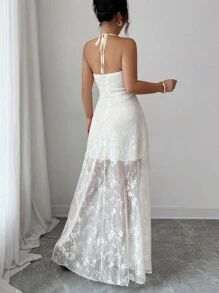 Elenzga Sleeveless V-Neck Lace Ruffle Hem Elegant Romantic Wedding Guest Dress For Women, White Dress