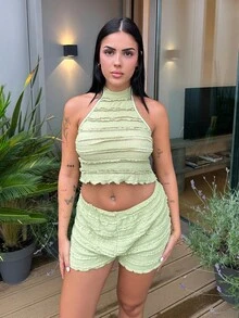 Lucia Bellido Women's Green Casual Round Neck Halter Tank Top And Loose Shorts Two-Piece Set, Spring/Summer - Green - View 1