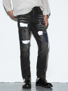 Manfinity EMRG Men's Casual Washed Distressed Patch Denim Jeans - Dark Grey - View 4