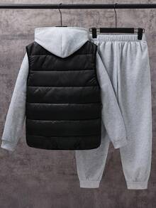 SHEIN 3pcs Casual Solid Color Loose Fit Hoodie, Vest And Sweatpants Set For Teens, Suitable For Commuting, School, Daily Casual, Travel, Sports, All Seasons, Boys 3 Piece Winter Set
