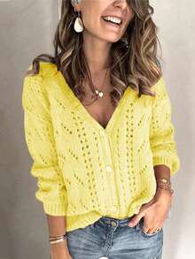 EMERY ROSE Áo len cardigan dệt kim cổ chữ V khoét lỗ màu trơn dành cho nữ - Màu vàng - Xem 4