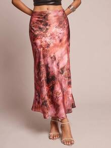 Glamine Chân váy chữ A in họa tiết satin dành cho nữ, thanh lịch và đa năng - màu nâu - Xem 5