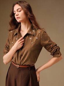 Anewsta 时尚奢华设计手工水钻亮片条纹长袖宽松优雅领口女式衬衫，秋冬 - 咖啡棕 - 查看 3