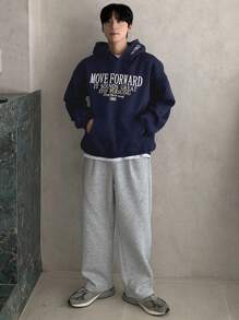 DAZY 男士字母印花连帽卫衣，街头风格，海军蓝，秋季 - 藏蓝色 - 查看 7