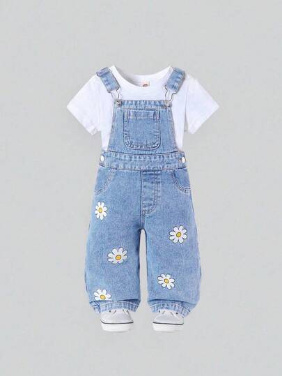 SHEIN Playful Pals 2-25 Spring/Summer New Arrival Cute Daisy Floral Print Washed Denim Casual Overalls, Comfortable All-Match Versatile Jumpsuits For Baby Girls, Suitable For Daily Wear Daisy Outfit For Baby