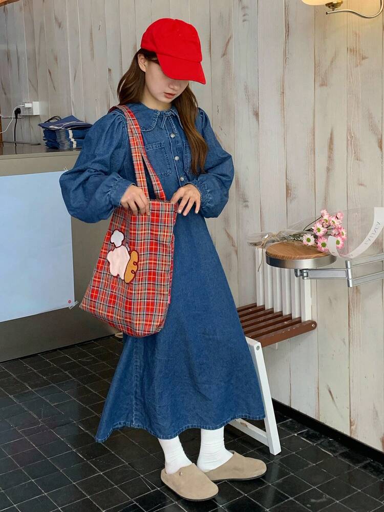 Loose Casual Peter Pan Collar Denim A-Line Long Dress, Suitable For Teen Girlin Autumn