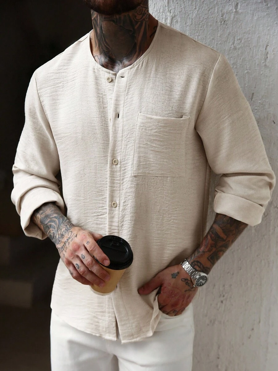 Manfinity CasualCool 男士长袖褶皱面料休闲衬衫，带口袋，百搭纽扣衬衫，送给男朋友或丈夫的最佳礼物 - 杏色 - 查看 1