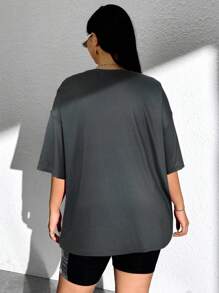 SHEIN EZwear Plus Car & Letter Graphic Drop Shoulder Tee, Summer - Grey - View 2