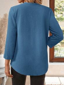 EMERY ROSE 女士春秋季全印花翻领七分袖衬衫，工作衬衫 - 藍色 - 查看 2