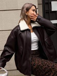 Livesso Women Fashionable Versatile Contrast Color Fuzzy Collar Jacket, Autumn/Winter Leather Jacket With Sherpa Collar - Brown - View 8