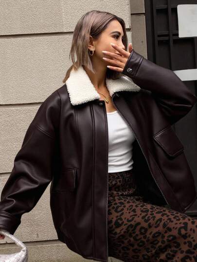 DAZY Women Fashionable Versatile Contrast Color Fuzzy Collar Jacket, Autumn/Winter Leather Jacket With Sherpa Collar Women Coats