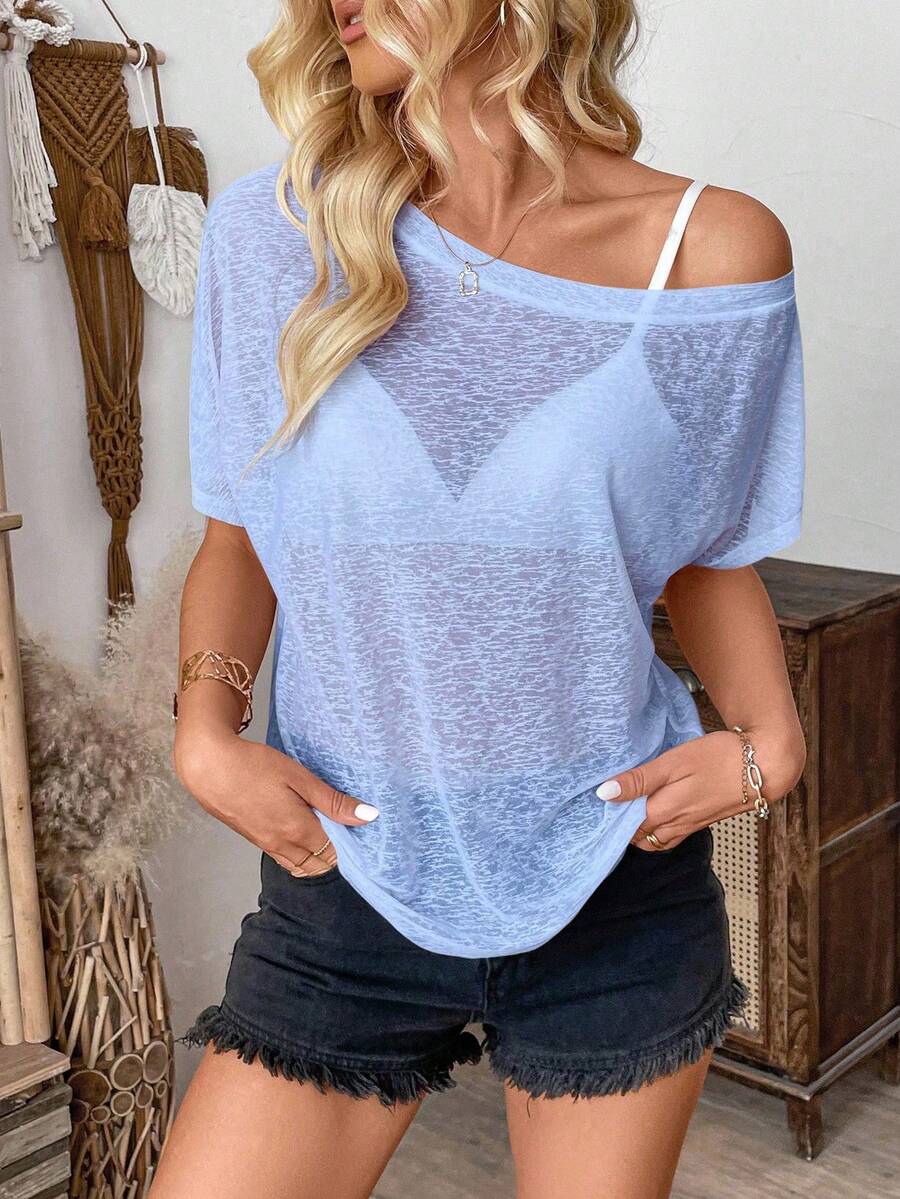 EMERY ROSE بلوزة نسائية بلون أحادي ذات رقبة غير متماثلة وأكمام قصيرة كاجوال