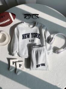 SHEIN 2pcs/Set Kids Casual Sporty Knit Letter Print Long Sleeve Fleece Sweatshirt And Jogger Pants Tracksuit, Suitable For Autumn/Winter Boys Sweat Set Boys New York Outfit Fall