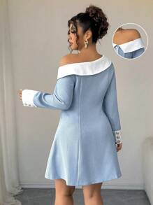 Elenzga Große Größen Gewebe Patchwork Kontrast Farbkragen Ärmel Schräge Schulter Asymmetrische Schulter Revers Offene Front Gold Knopf Dekor Taille ausgestellter Saum Elegantes Pendler Ausflug Party Date Knielanges Kleid - Blau-Weiß - Übersicht 2