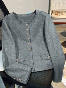 Franclia Women's Autumn And Winter Long Sleeves Buttoned Decorative Pockets Solid Color Simple Daily Wear Tweed Jacket Coats Fall Cloth For Women - Grey - View 1