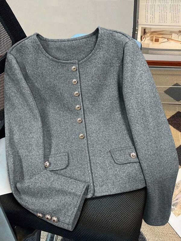 Franclia Women's Autumn And Winter Long Sleeves Buttoned Decorative Pockets Solid Color Simple Daily Wear Tweed Jacket Coats Fall Cloth For Women