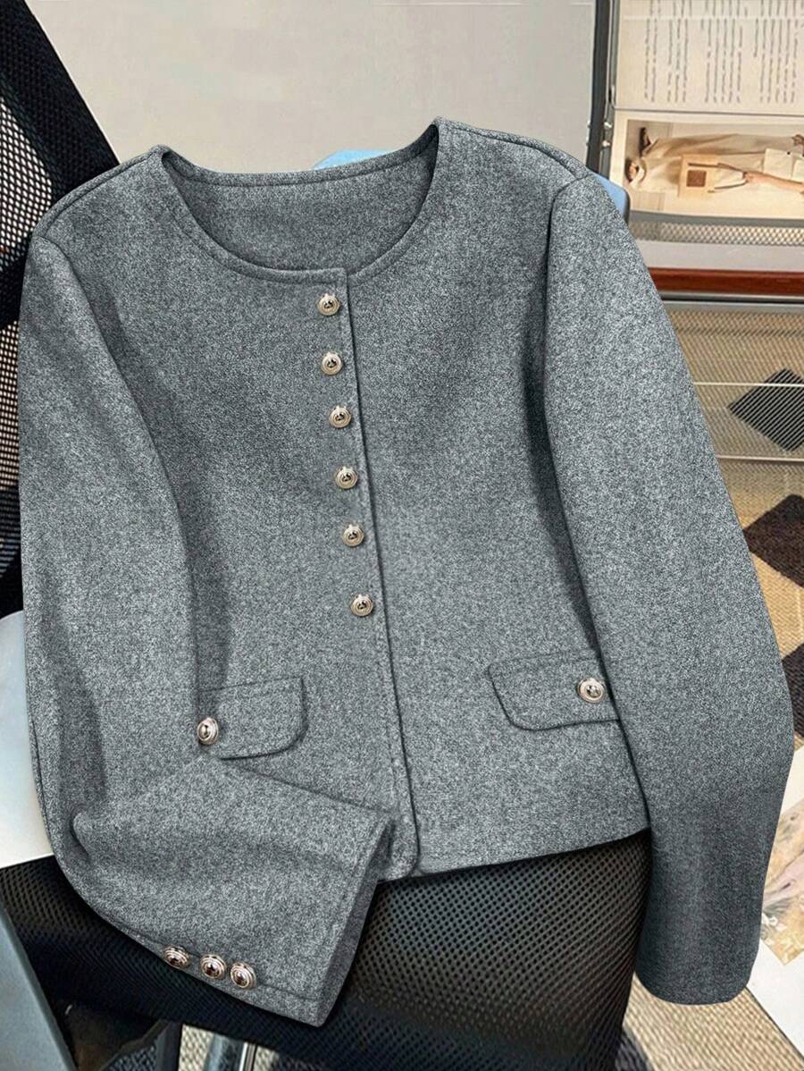 Franclia Women's Autumn And Winter Long Sleeves Buttoned Decorative Pockets Solid Color Simple Daily Wear Tweed Jacket Coats Fall Cloth For Women - Grey - View 1