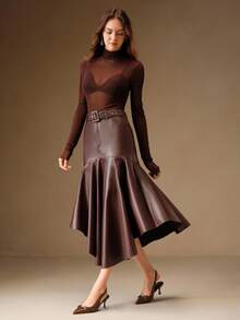 Anewsta Burgunderrote taillierte Lederrock mit ausgestelltem Saum für Damen, Herbst/Winter