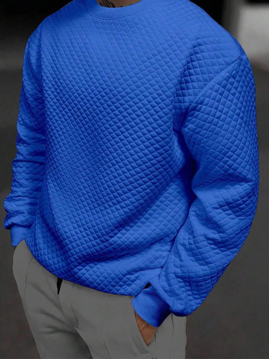 Manfinity Homme 男士纯色圆领长袖休闲宽松套头衫,秋季百搭 - 寶藍色 - 查看 1