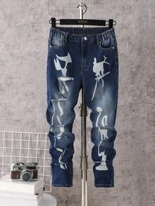 Tween Boy Fashion Stone Washed High Waist Ripped Slant Pocket Jeans With Artistic Print - Medium Wash - View 3