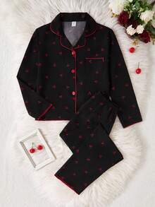 School Girl Style 2pcs Pajama Set, Girls Cute Cherry Print Long Sleeve Shirt And Pants, Casual Loungewear Cherry Pajama Set Fall Winter