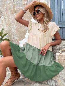 Breezaya Color Block Flounce Sleeve Ruffle Hem Smock Dress Vacation Beach Outfits Women - Multicolor - View 4