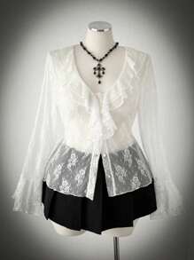 Sunspun Áo cánh ren cổ chữ V viền bèo nhún, áo sơ mi tay loe gợi cảm thường ngày, áo kiểu Pháp đi chơi - Màu be - Xem 3