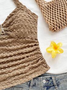 Soleia Áo ba lỗ bó sát dệt kim màu trắng họa tiết hoa cổ chữ V, thích hợp cho kỳ nghỉ, lễ hội âm nhạc, phong cách Boho, ngày lễ, hẹn hò, trà chiều - Màu Khaki - Xem 6