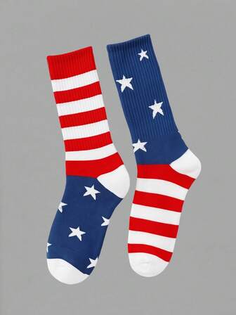 Grunge Punk Women's Fashion American Style Contrast Color Striped Star Print Mid-Calf Socks