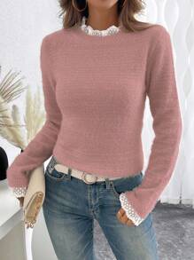 EMERY ROSE Fashionable & Sweet Lace Collar 3D Soft Faux Fur Pullover Sweater, Versatile For Autumn/Winter Fall Cloth For Women Women Pullover Cozy Sweater Women Sweater Fuzzy Sweater Lace Long Sleeve Sweater - Dusty Pink - View 4