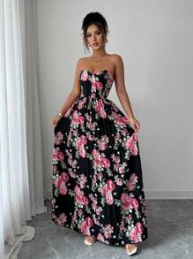 Elenzga 女士优雅浪漫褶皱A字花卉印花无袖连衣裙 - 彩色 - 查看 5