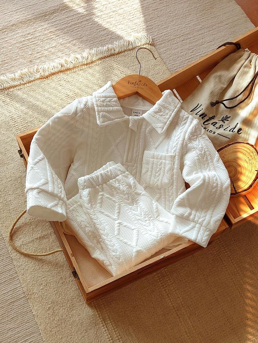SHEIN 2pcs/Set Toddler Boys' Casual Versatile Polo Collar Long Sleeve Top And Pants Set, Suitable For Spring, Autumn, Winter, Daily Wear Fall - White - View 1