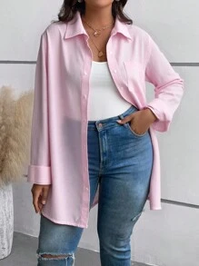 Rusticease 大码长袖休闲条纹衬衫，秋季女装 - 粉色 - 查看 8