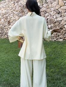 Ronhire Conjunto de 2 piezas de blusa holgada casual de rayas y pantalones de pierna ancha de cintura alta para mujer - Amarillo - Ver 2