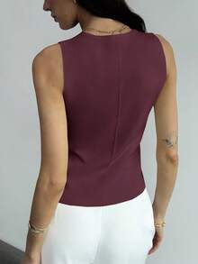 Aloruh Women's Solid Color V-Neck Front Button Casual Fashion Sweater Vest Summer Holiday Simple Commuter Sweater Vest With Unique Metal Buckle Office - Burgundy - View 3