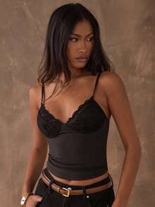 SHEIN BAE Women's Black Casual Simple Lace Camisole, Simple And Casual, Fall Women Clothes,Autumn And Winter ,Inner Wear, Back To School,Going Out Outfits,Black Tops