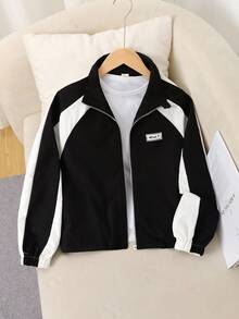 SHEIN Jaket Baseball Kerah Tegak dengan Warna Kontras untuk Remaja Perempuan, Kasual dan Serbaguna, Cocok untuk Kembali ke Sekolah, Cocok untuk Ibu dan Anak, Musim Gugur dan Musim Dingin - Hitam dan Putih - View 7