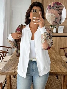 Weeklong Chaqueta con cremallera de talla grande, panel de malla y bordado floral - Blanco - Ver 6