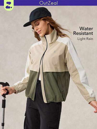 OutZeal 女士防水立领拉链口袋撞色户外徒步露营夹克