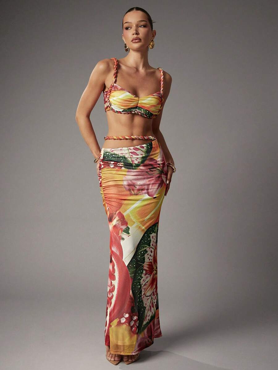 Hauture Women Fitted Mesh Fruit Floral Print Maxi Skirt With Braid Detail Boho Ibiza Cute Sexy Vacation