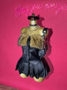 Slaydiva Autumn Women's Black PU Summer Tube Top, 70s Y2K Chic Patchwork Furry Collar Buttoned Neckline Asymmetric Hem, Viral Style Club Party Birthday - Black - View 17