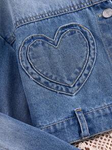 Conjunto Denim de 2 Peças para Meninas Pré-Adolescentes, Estilo Y2K, Design de Bolso em Formato de Coração, Confortável Casual, Moda Streetwear, Jaqueta de Manga Longa em Denim Lavado Suave e Calça Reta, Adequado para Primavera/Outono - Lavagem Média - Visão 8