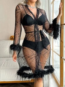 SHEIN SilkySpell 性感蜘蛛网网状长袍，透视修身镂空迷人睡袍，适合万圣节 - 黑色 - 查看 5