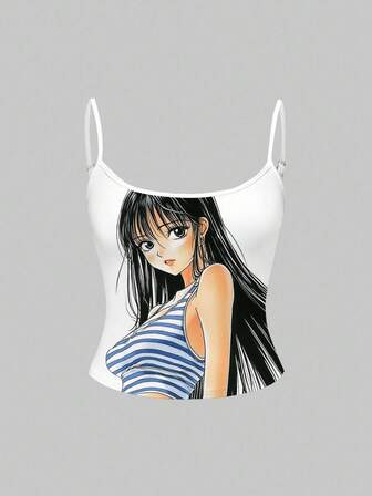 Camiseta de tirantes blanca con estampado gráfico de chica anime vintage retro Y2K